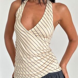 Motel Rocks Cream and Black Striped Halter Top